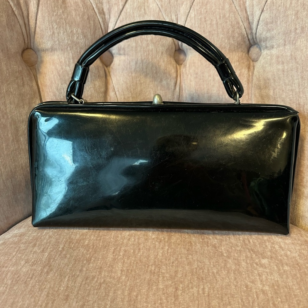 Vintage Dover Black Patent Handbag - Structured Top Handle Purse, Classic